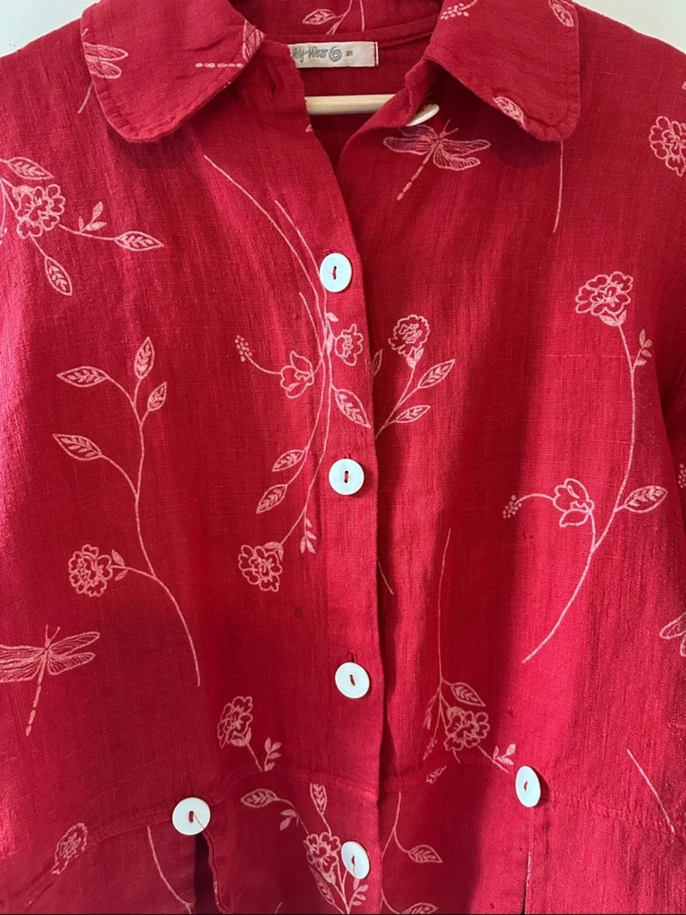 Red Floral Button-Down Shirt Jacket with Contrast Buttons - Picture 4 of 4